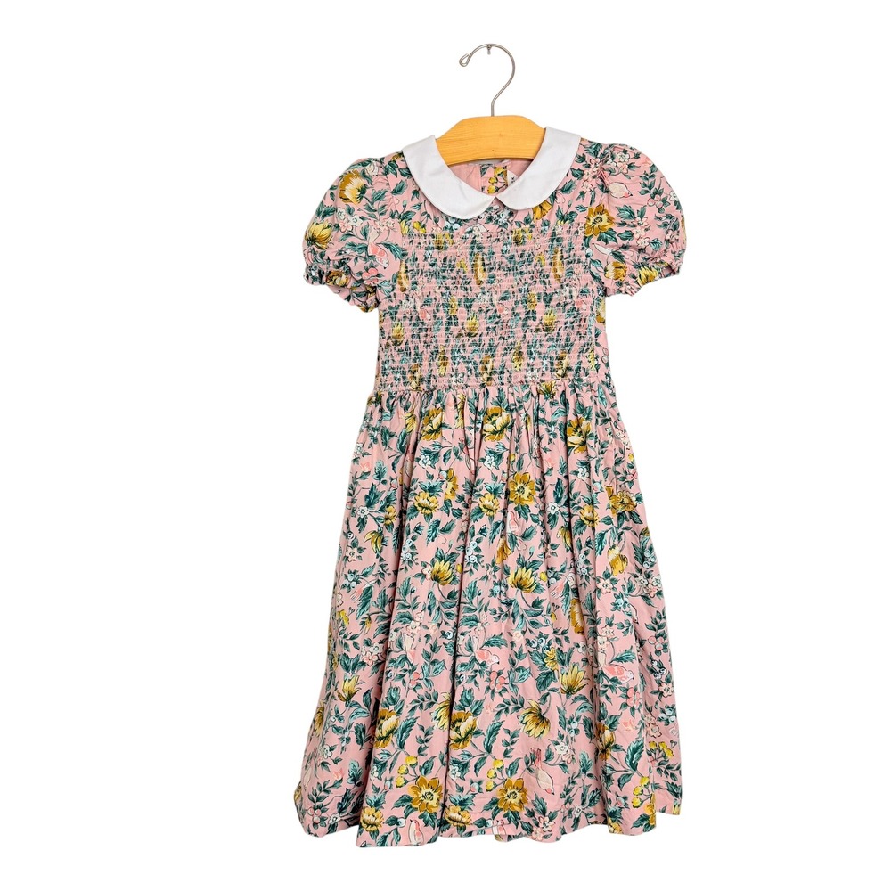 Janie and Jack Girls Pink Floral Bird Smocked Peter Pan Collar Dress Size 6